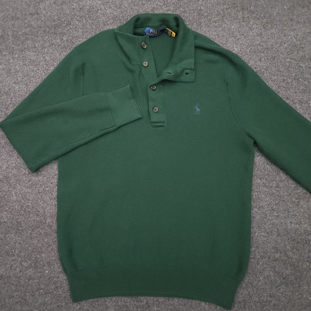 Polo Ralph Lauren Mens Medium Green Mesh Knit Quarter Button Up Pullover Sweater